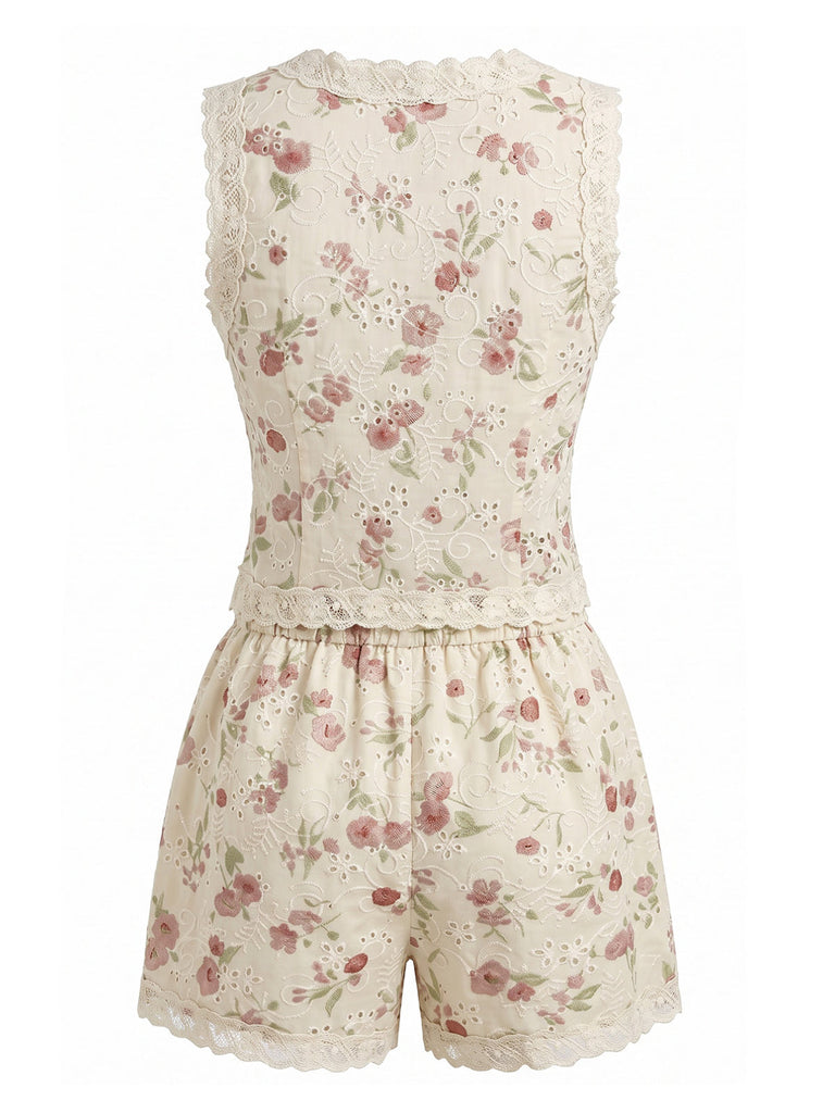 Completo 2 Pezzi Top Floreale Patchwork Pizzo e Shorts Beige Anni '40