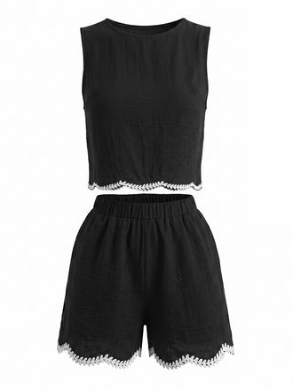 Completo 2 Pezzi Gilet Senza Maniche Crochet e Shorts Nero Anni '50