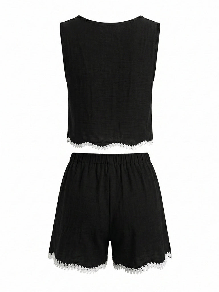 Completo 2 Pezzi Gilet Senza Maniche Crochet e Shorts Nero Anni '50
