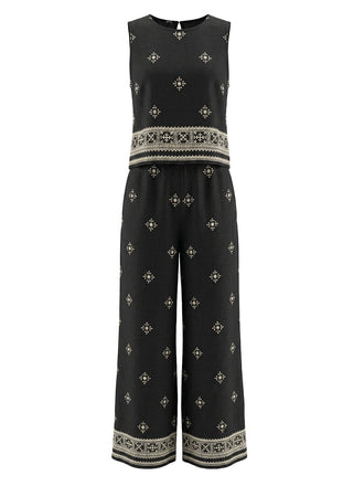 Completo 2 Pezzi Top Bohémien Collo Tondo e Pantaloni Nero Anni '70