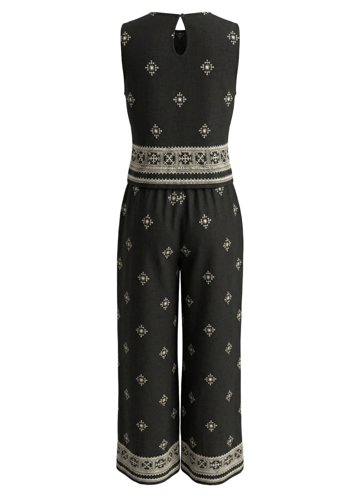Completo 2 Pezzi Top Bohémien Collo Tondo e Pantaloni Nero Anni '70