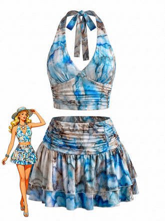 Set 2 Pezzi Top Halter Arricciato Stampa Marmo Blu con Gonna Anni '70
