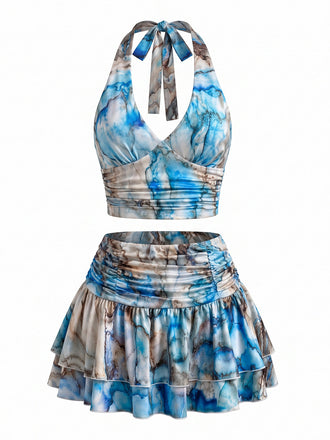 Set 2 Pezzi Top Halter Arricciato Stampa Marmo Blu con Gonna Anni '70 2