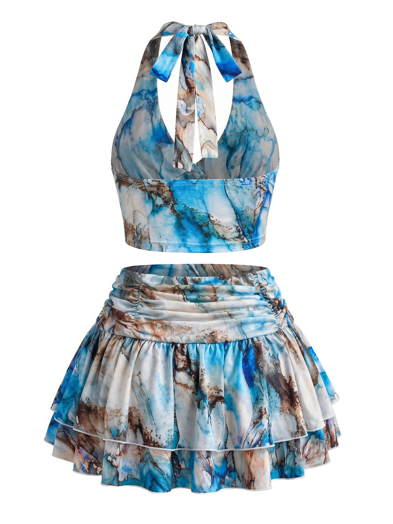 Set 2 Pezzi Top Halter Arricciato Stampa Marmo Blu con Gonna Anni '70 3