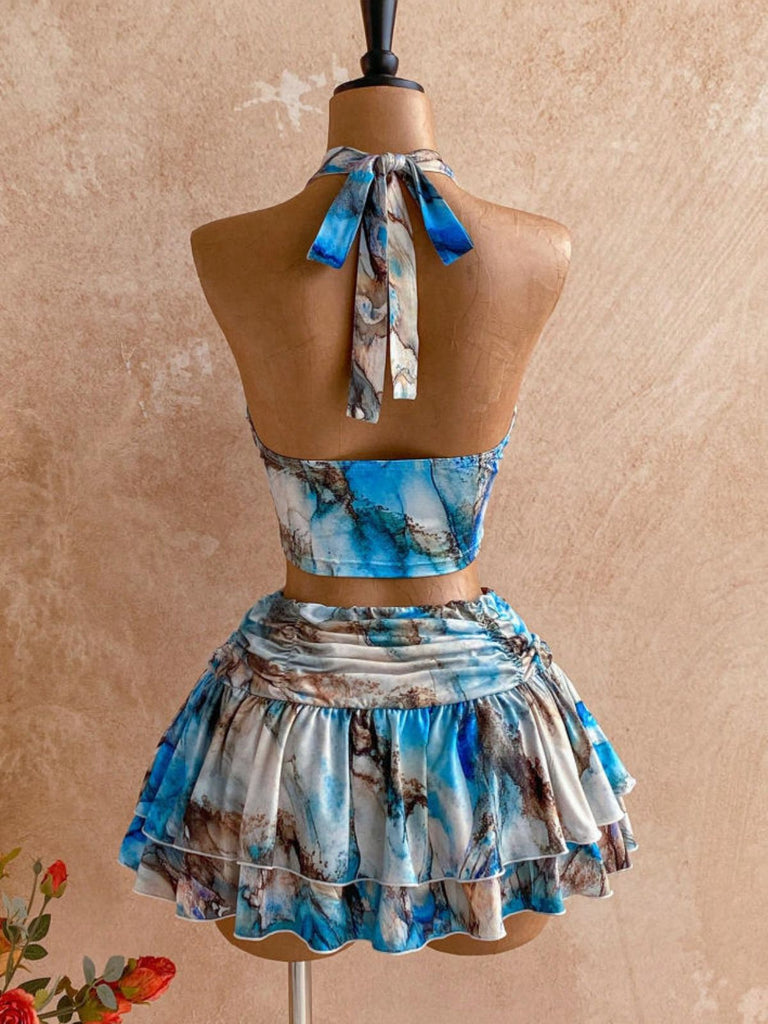 Set 2 Pezzi Top Halter Arricciato Stampa Marmo Blu con Gonna Anni '70 6