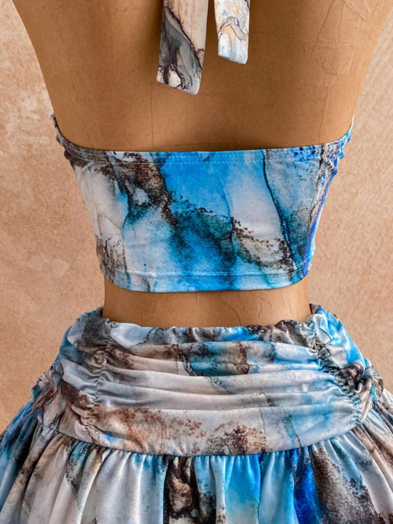 Set 2 Pezzi Top Halter Arricciato Stampa Marmo Blu con Gonna Anni '70 7