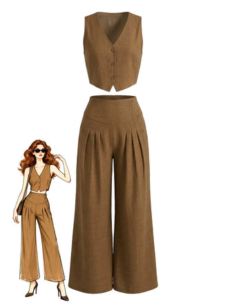 2PCS-Gilet-con-Scollo-a-V-e-Pantaloni-a-Gamba-Larga-Marrone-Anni '40