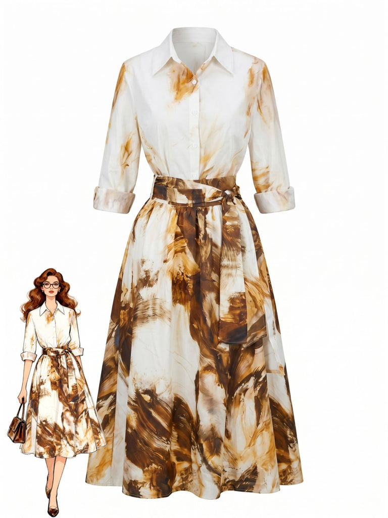 Completo 2 Pezzi Blusa Stampa Vintage e Gonna Cachi Anni '40