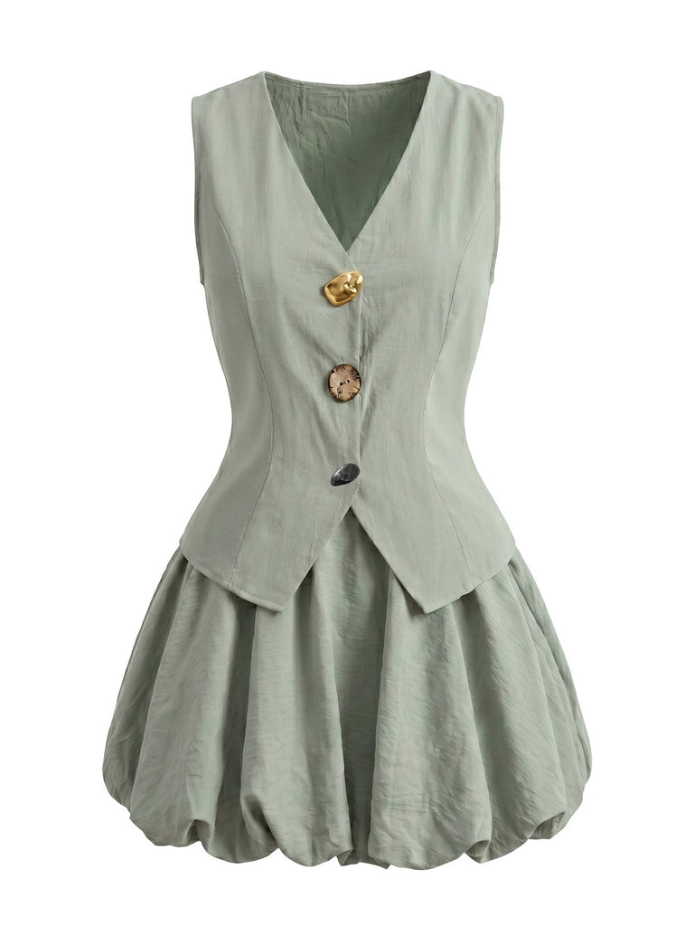 Completo 2 Pezzi Gilet Scollo a V e Gonna a Palloncino Azzurro Anni '50