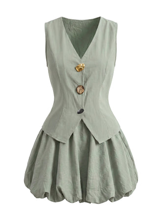 Completo 2 Pezzi Gilet Scollo a V e Gonna a Palloncino Azzurro Anni '50