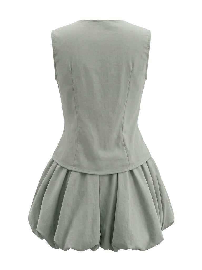 Completo 2 Pezzi Gilet Scollo a V e Gonna a Palloncino Azzurro Anni '50
