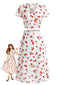 2PCS Top Rosso Anni '60 a Stampa Ciliegie a Scollo V con Gonna