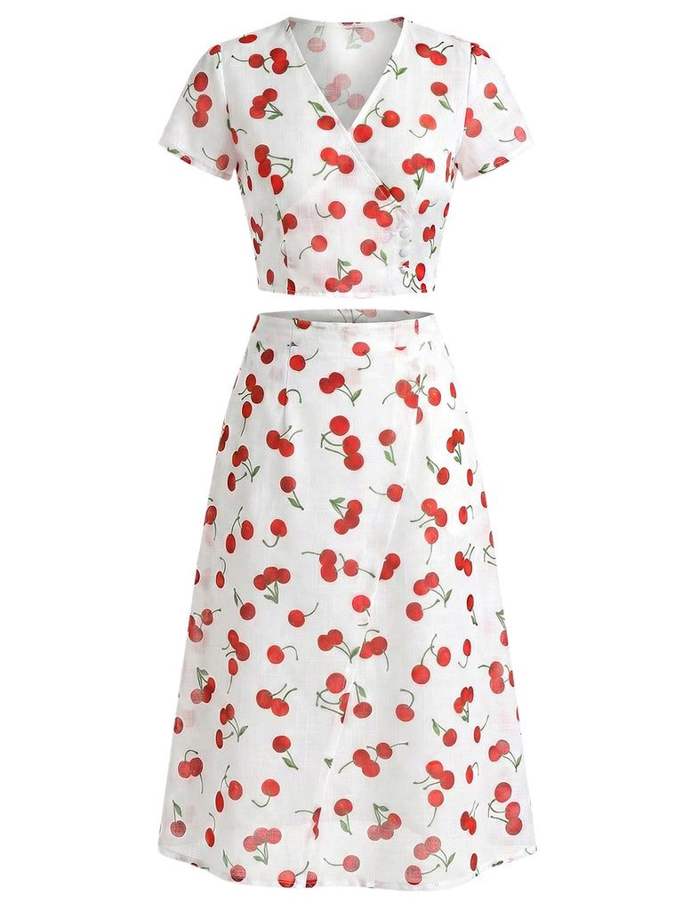 [Pre-Vendita] 2 Pezzi Crop Top a Collo V a Stampa Ciliegie con Gonna Rossa Anni '60 3