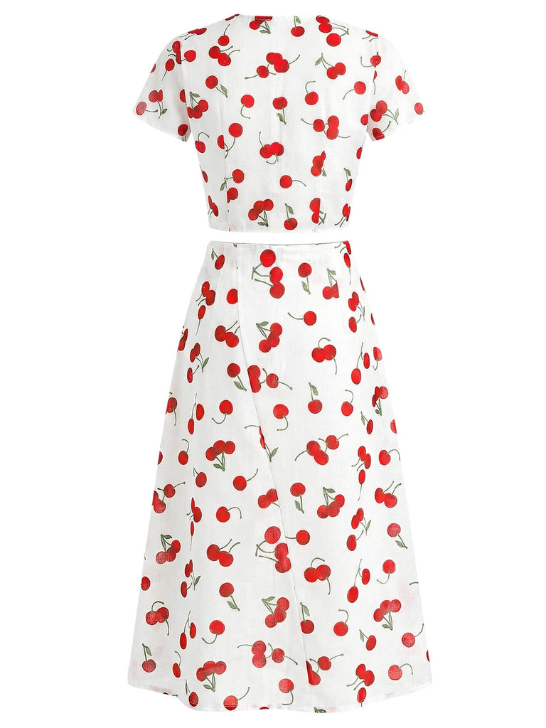 [Pre-Vendita] 2 Pezzi Crop Top a Collo V a Stampa Ciliegie con Gonna Rossa Anni '60 4