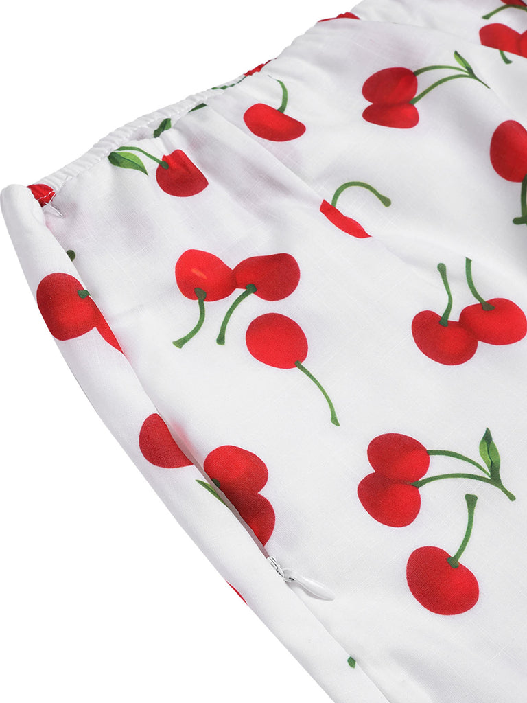 [Pre-Vendita] 2 Pezzi Crop Top a Collo V a Stampa Ciliegie con Gonna Rossa Anni '60 6