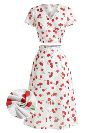 [Pre-Vendita] 2 Pezzi Crop Top a Collo V a Stampa Ciliegie con Gonna Rossa Anni '60 2