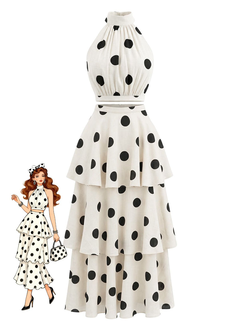 2PCS-Top-a-Pois-Senza-Maniche-e-Gonna-a-Volant-Beige-Anni '30