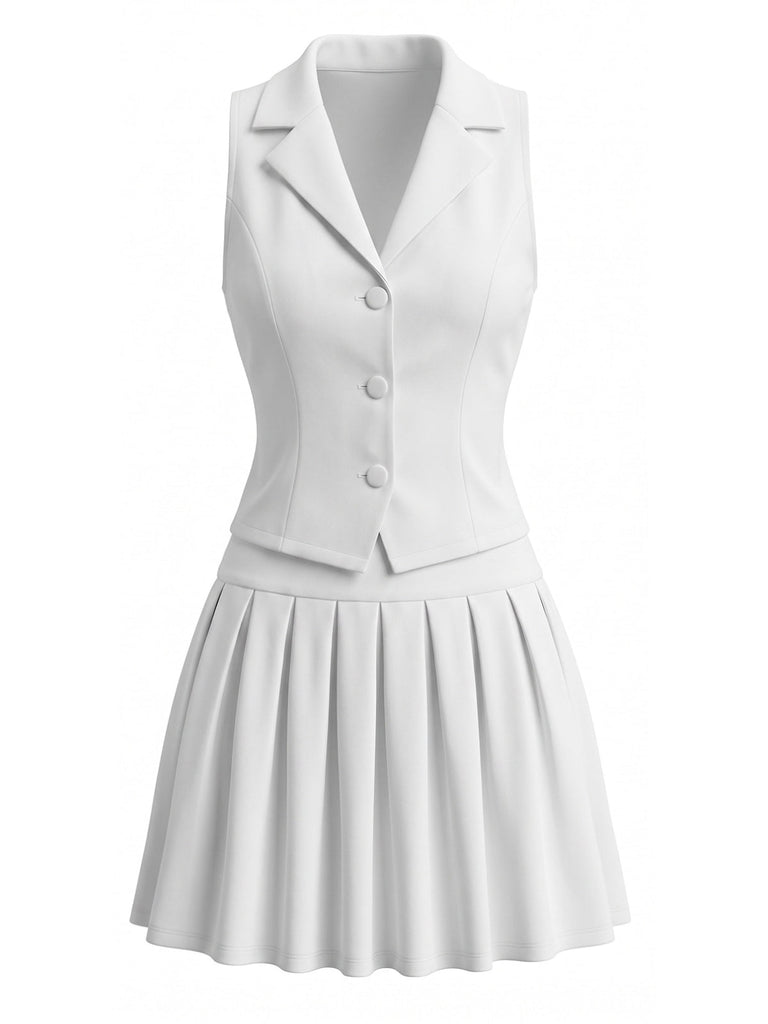 Completo 2 Pezzi Gilet Senza Maniche Scollo a V e Gonna Plissettata Bianco Anni '40