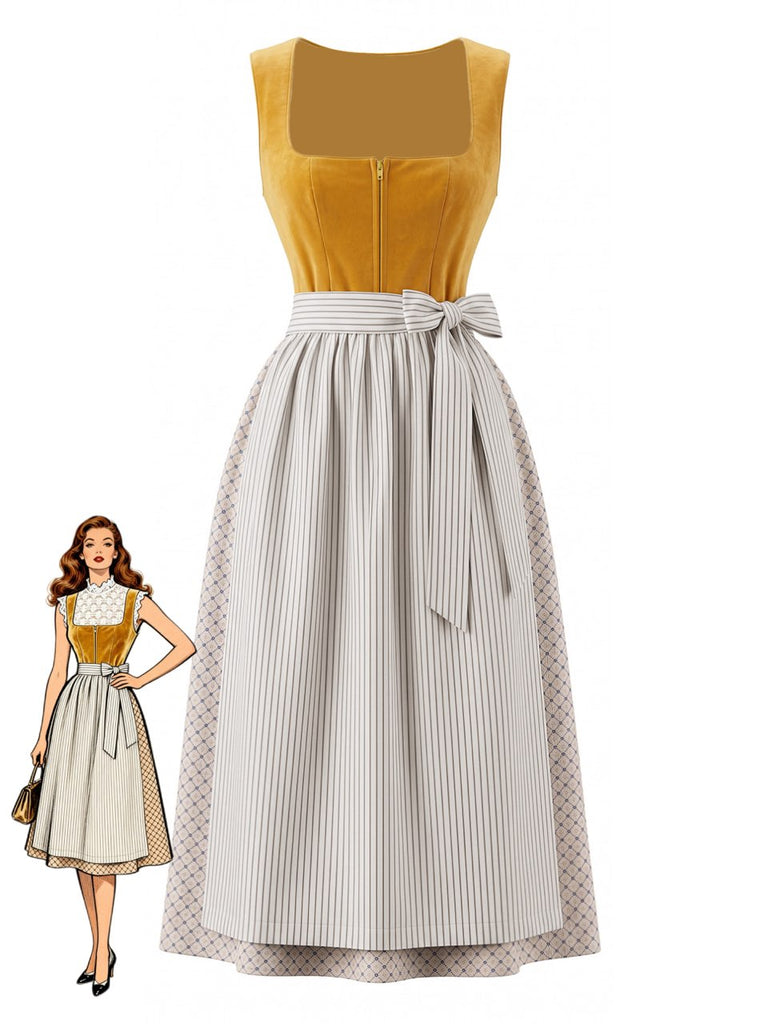 3PCS Abito Giallo con Scollo Quadrato e Grembiule a Righe e Top in Pizzo Anni '50 4