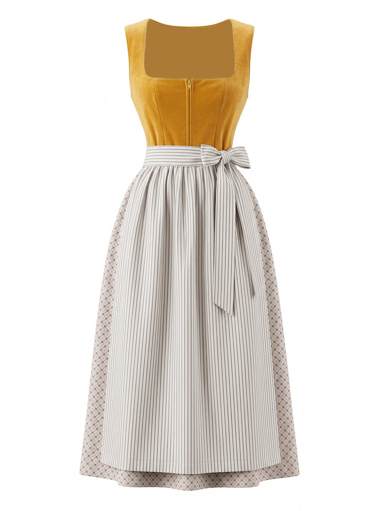 3PCS Abito Giallo con Scollo Quadrato e Grembiule a Righe e Top in Pizzo Anni '50 5