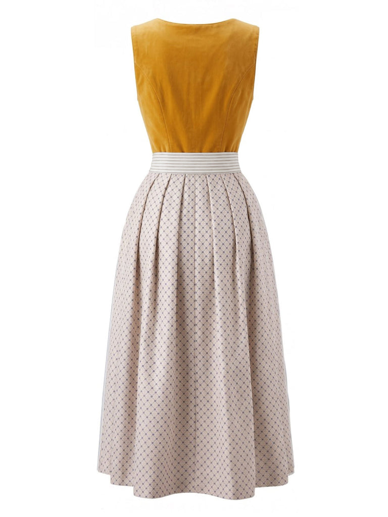 3PCS Abito Giallo con Scollo Quadrato e Grembiule a Righe e Top in Pizzo Anni '50 6