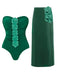 Green strapless swimsuit with floral details and matching green skirt on a white background