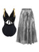 Black swimsuit with gold accents and silver pleated skirt on a white background