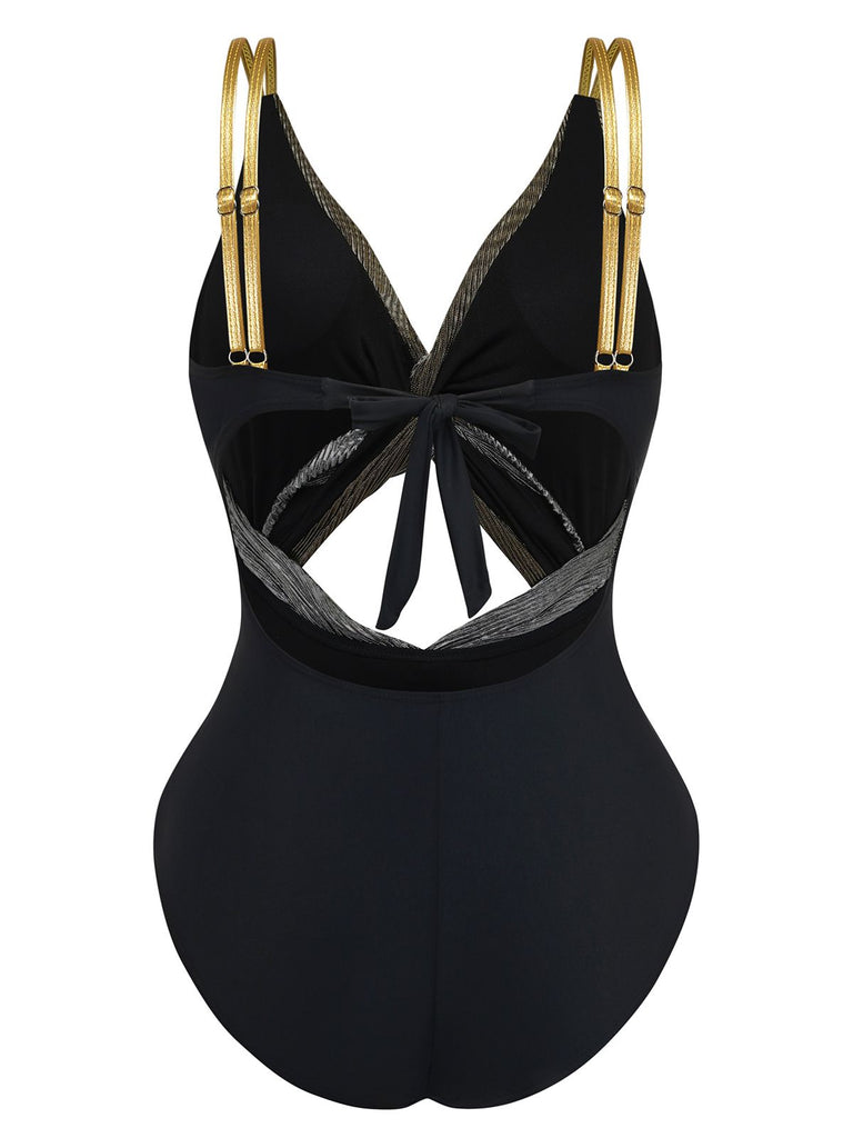 2PCS Costumi intero e copricostume plissettati metallizzati anni '80