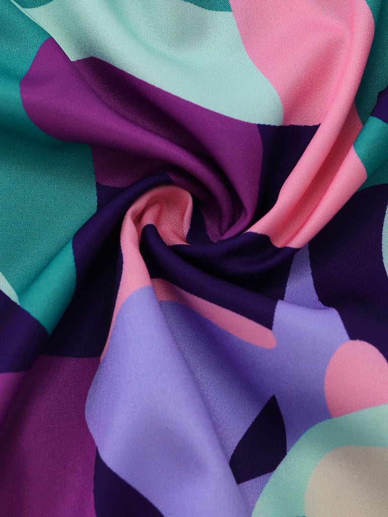 Detail: 2PCS Purple 1970s Geometric Print Vest & Shorts, timeless beauty, perfect for vintage fashion lovers