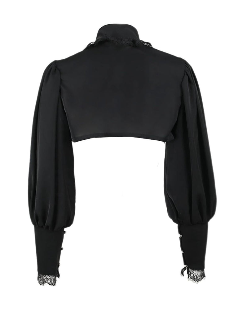 Top in pizzo gotico con collo alto nero anni '80