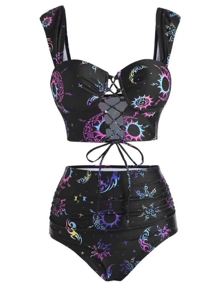 Set Bikini stampa neon nebula gotico nero anni '80