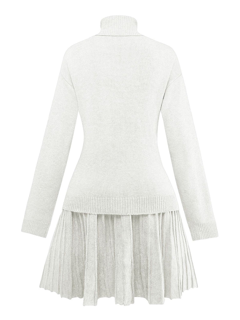 2PCS Maglione a collo alto a maglia e gonna plissettata anni '60