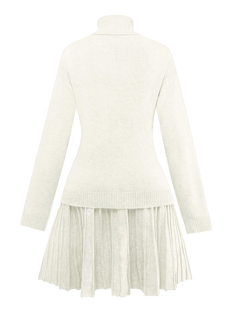 2PCS Maglione a collo alto a maglia e gonna plissettata anni '60