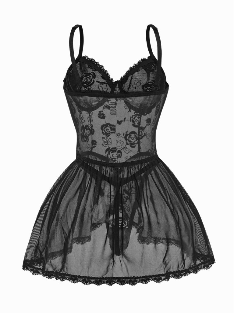 Camicia da notte babydoll rose in pizzo trasparente nero anni '70
