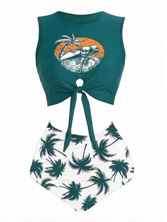 [Pre-Vendita] Set Bikini Verde Punk con Laccio in Vita Skeleton Beach con Stampa Anni '80