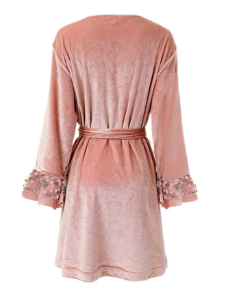 Vestaglia in velluto e polsini floreale con cintura rosa anni '80