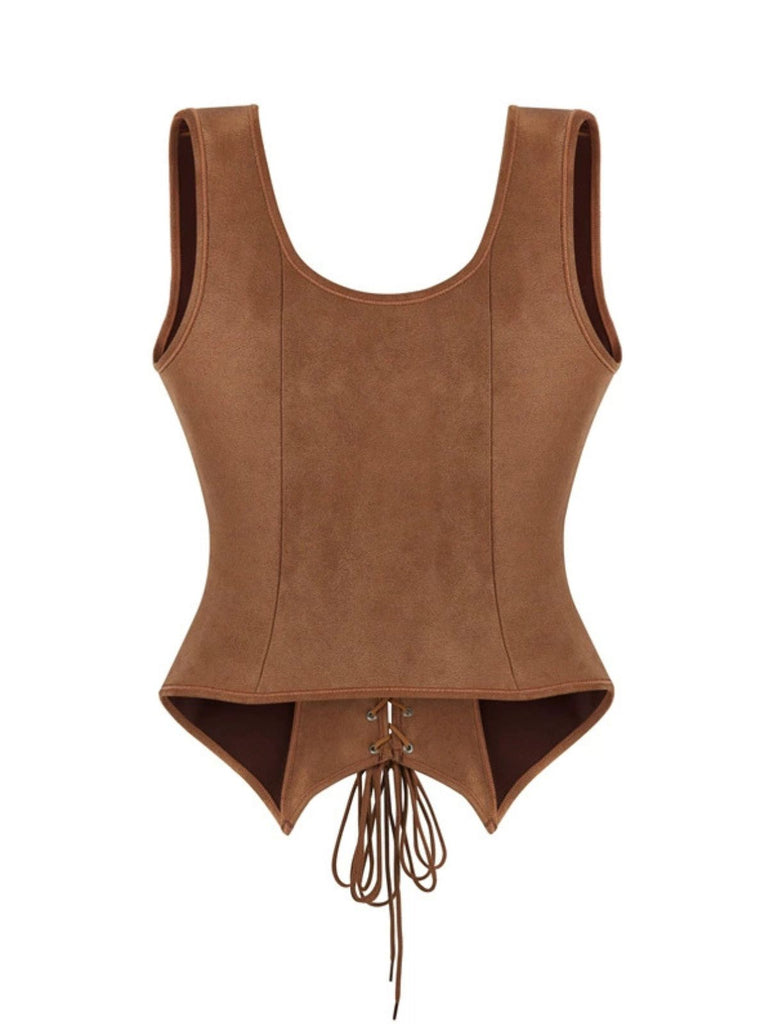 Gilet corsetto in pelle scamosciata con lacci marrone anni '50