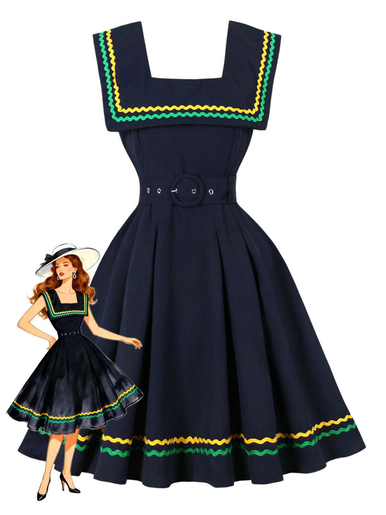 Abito a righe ondulate con scollo quadrato blu navy anni '50