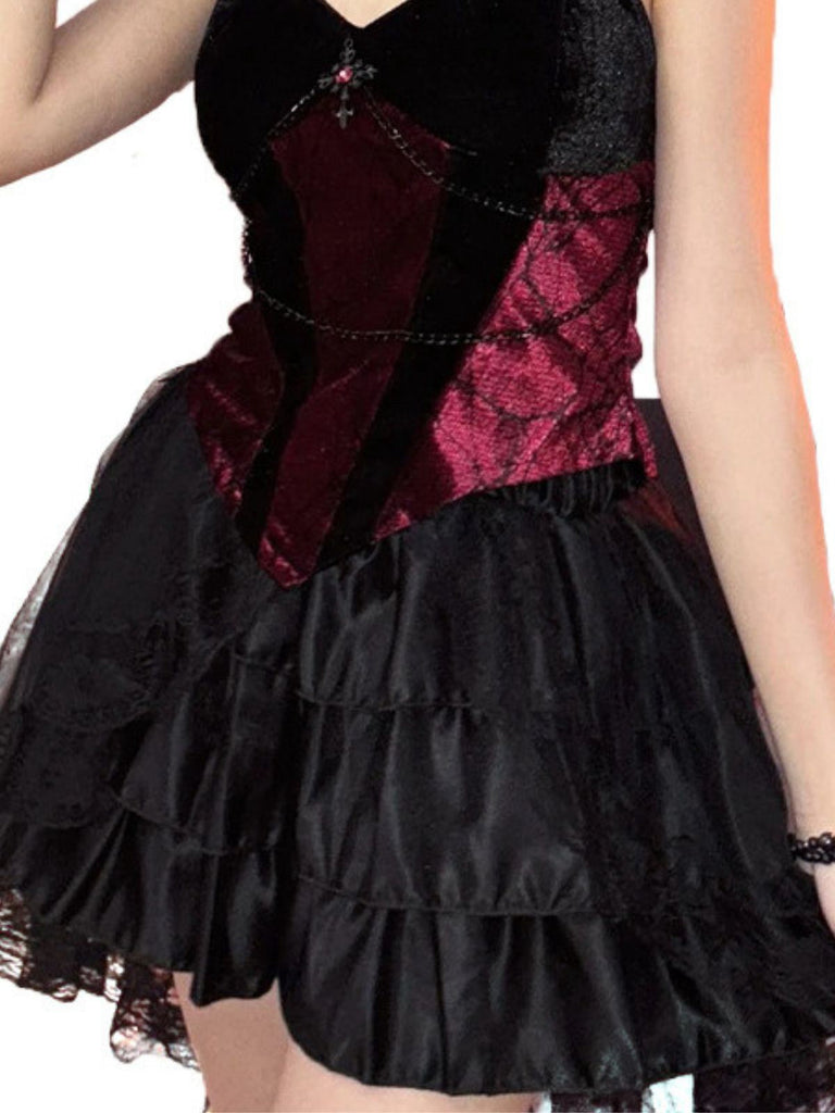 2PCS Top gotico e croce e gonna in pizzo rosso anni '80