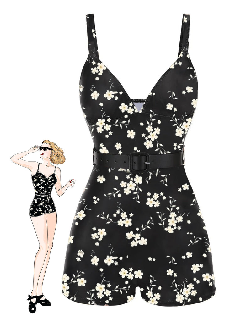 Costumi intero floreale con spalline nero anni '40