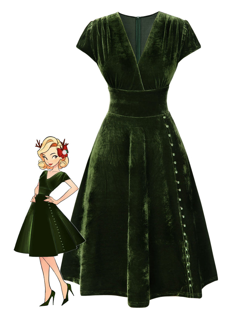 Abito in velluto perla scollo a V profondo verde anni '40