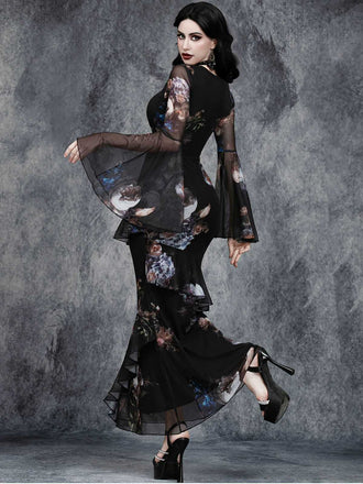 Abito a sirena floreale con scollo a V profondo nero anni '30