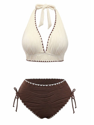 Set bikini beige e marrone anni '50 a costine con scollo all'americana