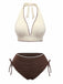 Set bikini beige e marrone anni '50 a costine con scollo all'americana