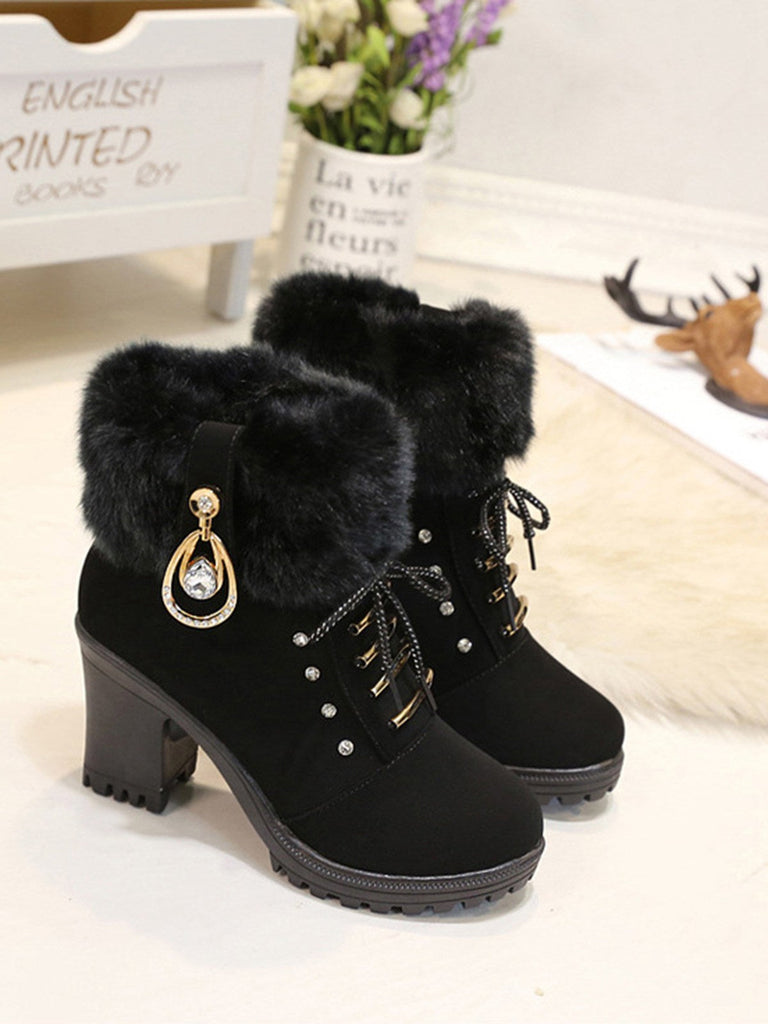 Stivali vintage in pelle nabuk con tacco spesso e peluche