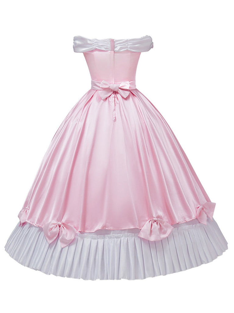 Abito da principessa con fiocco in raso spalle scoperte rosa anni '50