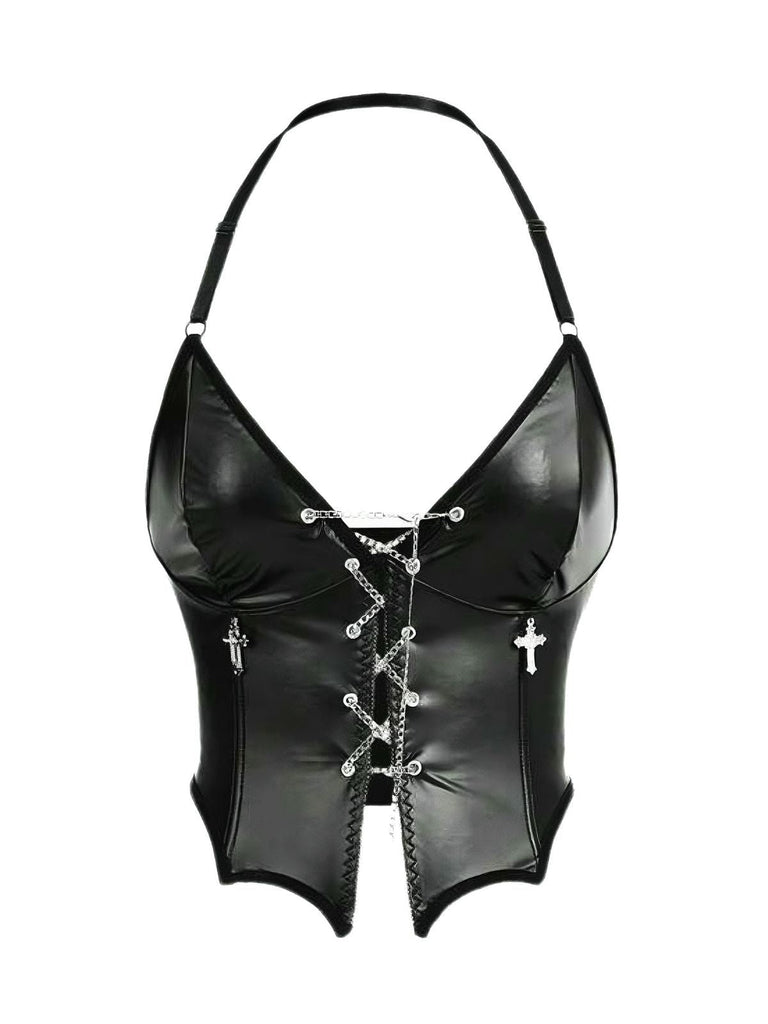 Corsetto gotico con coulisse e catena a croce nero anni '80