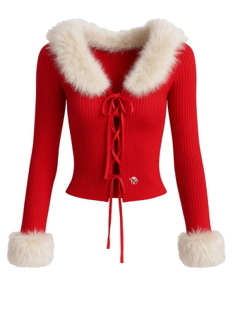 Cardigan in maglia con collo di pelliccia staccabile rosso anni '80