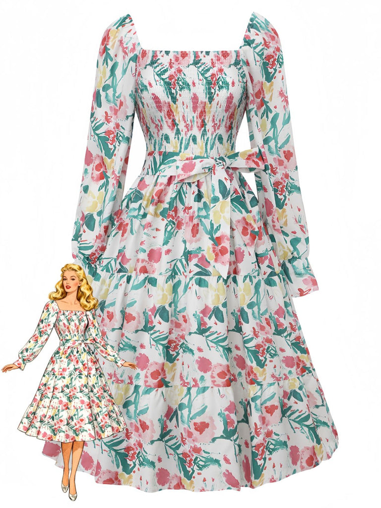 Abito verde anni '40 allacciato a fiori con scollo quadrato