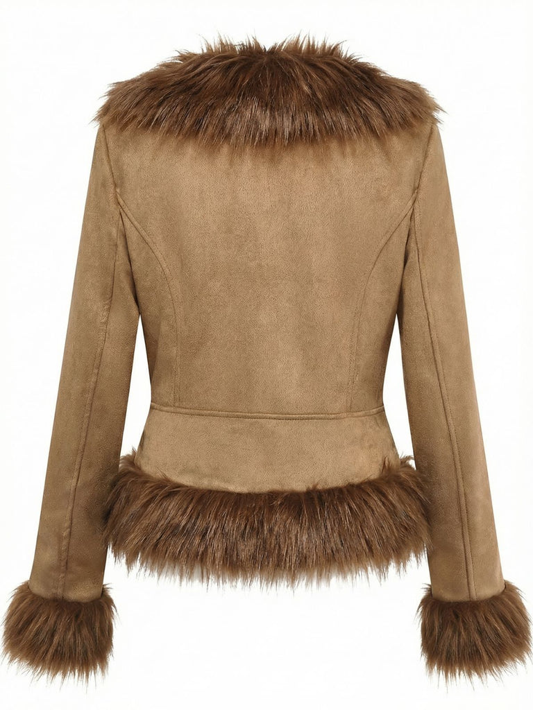 Giacca con rose ricamate in pelliccia sintetica scamosciata anni '70